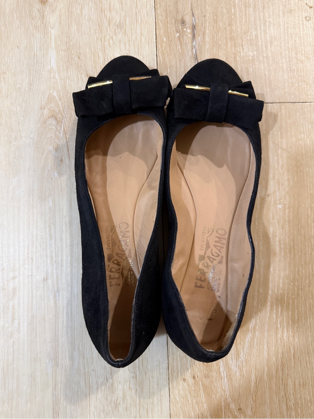 Salvatore Ferragamo Black Suede Bow Ballet Flats with Gold Accent